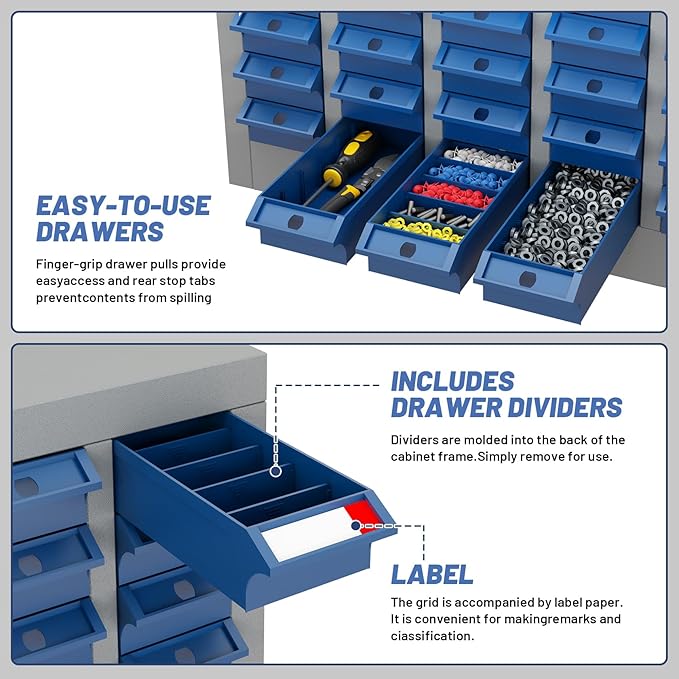 60-Drawer Parts Storage Cabinet, Multi-Purpose Organizer for Screws, Bolts, Nails, Craft Supplies, Legos, Tools, Compact Plastic Drawer Unit, Hardware Organizer for Garage, Workshop, Classroom