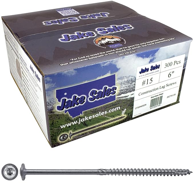 Jake Sales #15 x 6 Construction Lag Screw Stainless Steel T-30 Torx/Star Drive Heavy Duty Lag Screw Far Superior to Common Lag Screws (Full Box 300 Screw Count) Modified Truss Washer Head