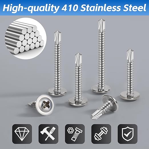 200PCS Sheet Metal Self-Drilling Screws Assortment Kit - #8 Truss Head Stainless Steel Self-Tapping Screws, 6 Sizes (1/2" to 1-1/2") for Sheet Metal, Auto & Roofing