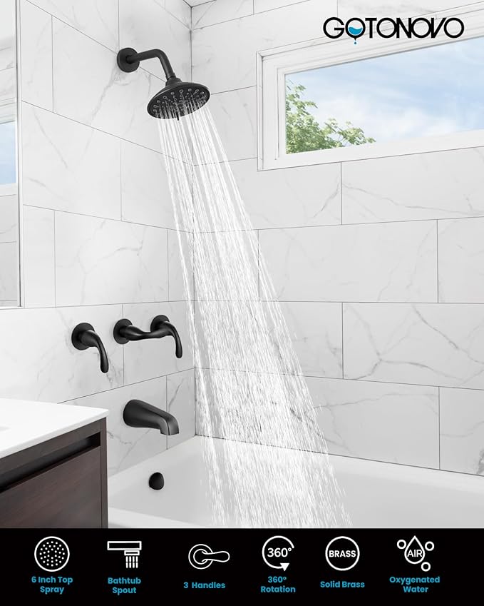 gotonovo 3 Handle Tub Shower Faucet Set, Bathtub Shower Fixture,Bathroom Tub and Shower Faucet Combo Shower System Complete Tub and Shower Trim Kit with 6 Settings Showerhead Matte Black