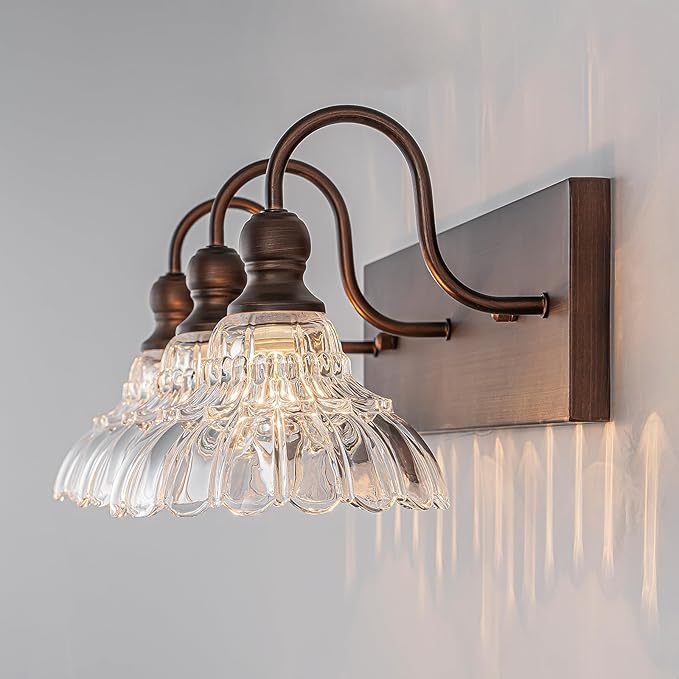 EDISLIVE Vintage Vanity Light for Bathroom ORB 3-Light Bath Wall Light Fixture with Clear Flower Glass Shades 26.38" E12 Antique Wall Sconce for Bedroom Hallway Living Room Vanity Mirror