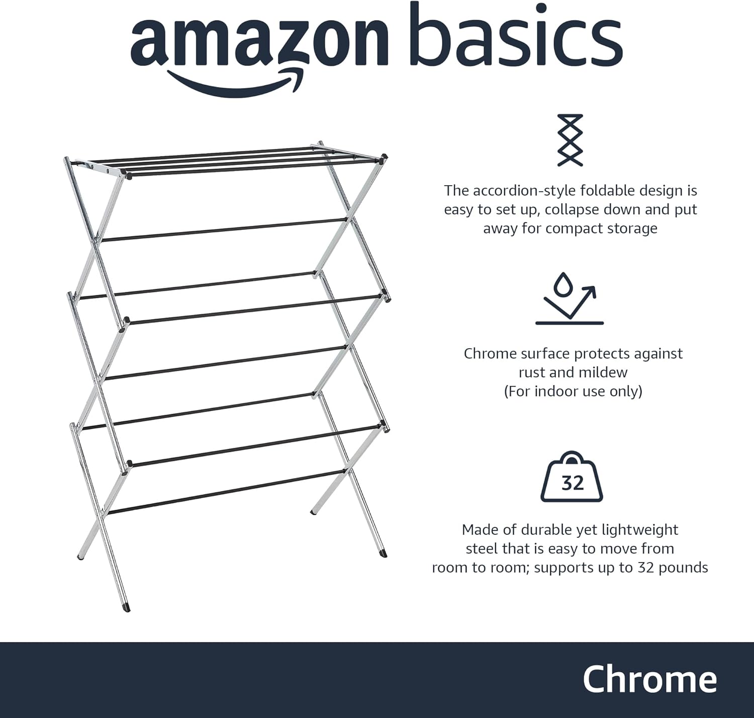 Amazon Basics Foldable Portable Laundry Drying Rack for Indoor Air Drying Clothing, 14.5 x 29.5 x 41.8 inches (LxWxH), Chrome Silver