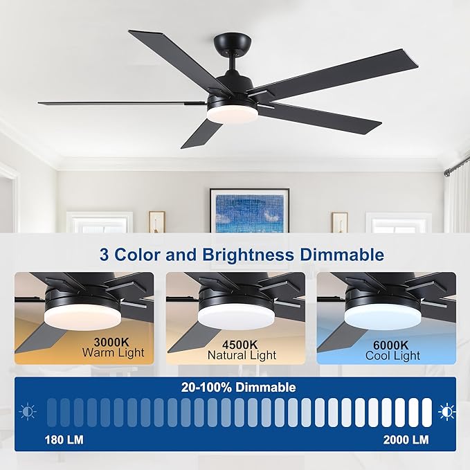60 Inch Ceiling Fans with Lights and Remote, 6 Speed Reversible DC Motor, 3CCT Dimmable LED, 5 Blades, Black Modern Ceiling Fan for Bedroom, Living Room & Covered Outdoor, Includes Downrod