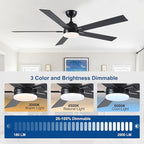 60 Inch Ceiling Fans with Lights and Remote, 6 Speed Reversible DC Motor, 3CCT Dimmable LED, 5 Blades, Black Modern Ceiling Fan for Bedroom, Living Room & Covered Outdoor, Includes Downrod