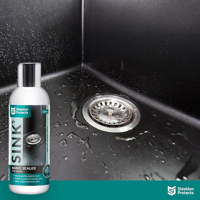 Shieldon Sink Care Kit – Cleaner & Nano Sealer for Granite Composite, Ceramic & Natural Stone Sinks – Restores Shine, Repels Stains, Grease & Hard Water – 2 Sponges & Microfiber Cloth