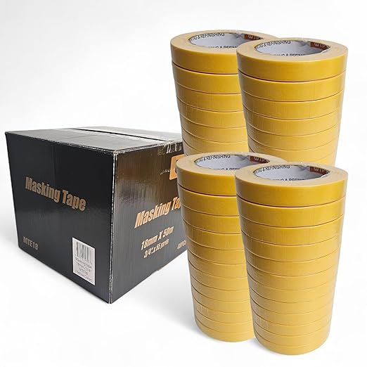 MTE18-48 Automotive Industry Masking Tape for Painting and Refinishing, Yellow Color, 3/4" Width, 55 Yards Length (18mm x 50m), Box of 48pcs - High Temperature Resistant - No Residue
