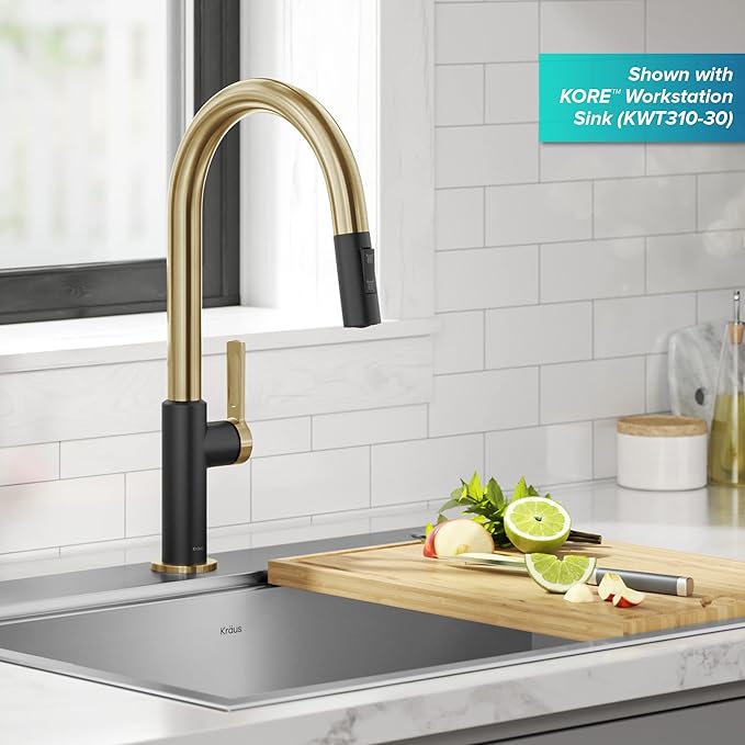 KRAUS Oletto High-Arc Single Handle Pull-Down Kitchen Sink Faucets in Brushed Brass/Matte Black, Kitchen Faucets with Pull Down Sprayer, KPF-2820BBMB