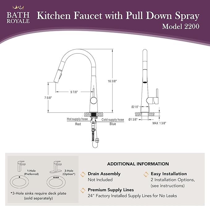 Bath Royale Modern Kitchen Faucet with Pull Down Spray - Single Control, All Metal, Polished Chrome