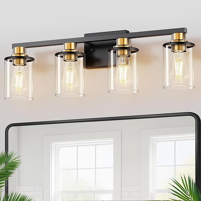 DORESshop 4-Light Black and Gold Vanity Lights with Clear Glass Shade, Over Mirror for Bathroom, Hallway, Bedroom, Living Room, ETL Listed