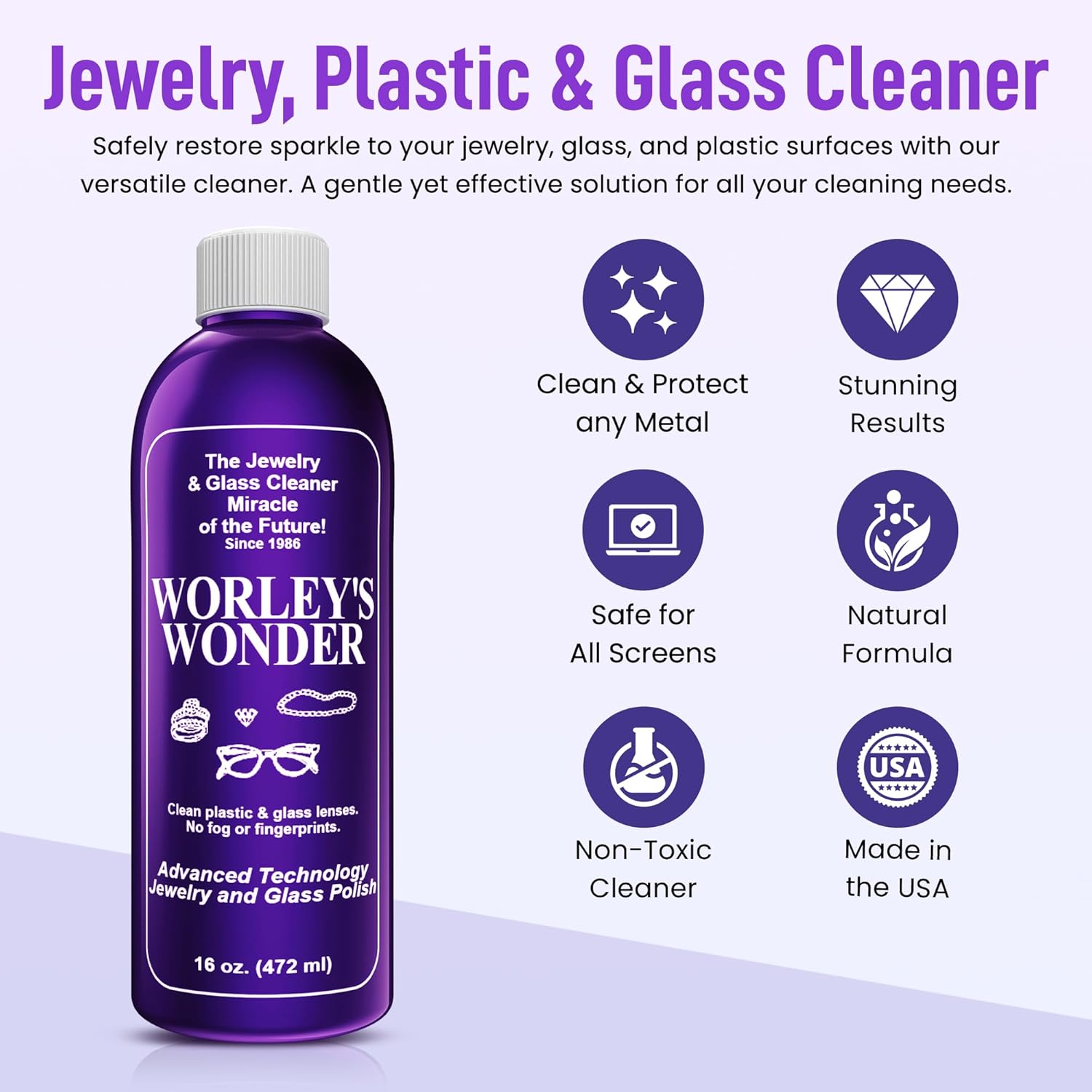 Worley's Wonder Jewelry & Glass Cleaner (16 Ounce Refill Bottle) - Jewelry Cleaner Spray for Gold, Silver, Diamonds, Gemstones, Glass, Marble, Electronics (16.00 Fl Oz (Pack of 20))
