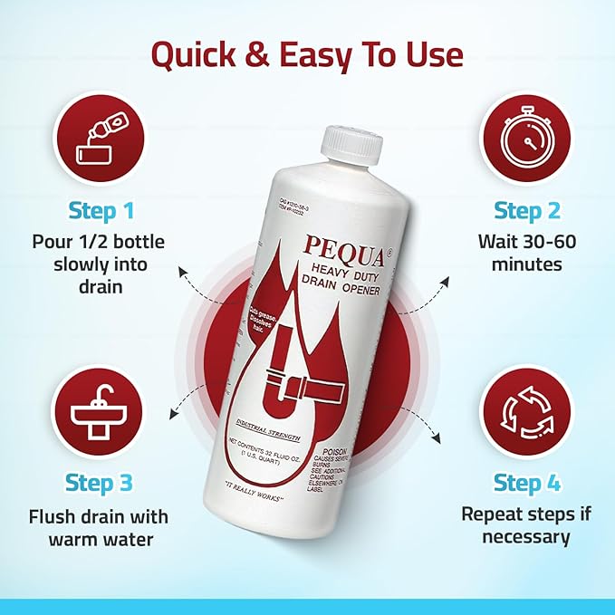 PEQUA INDUSTRIES Pequa Heavy Duty Drain Opener, Non-Acid, Fast-Acting Formula, Industrial strength Drain Cleaner for Sinks, Tubs, Septic Tanks - 32 Oz (Pack of 4)