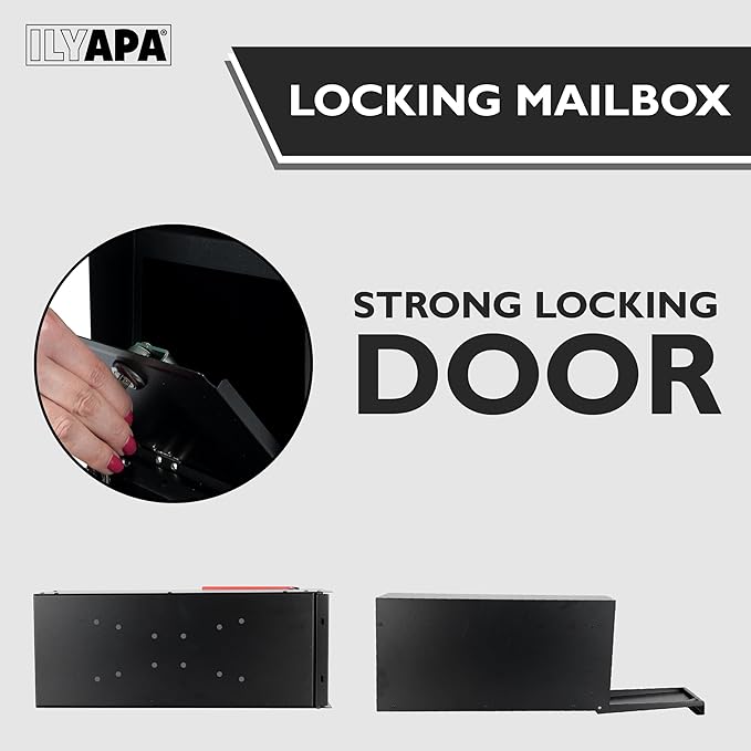 Ilyapa Locking Mailbox with Lock and Key Modern Mailboxes for Outside Post Mount - Black Exterior Powder Coated Steel Heavy Duty Welded Mailbox