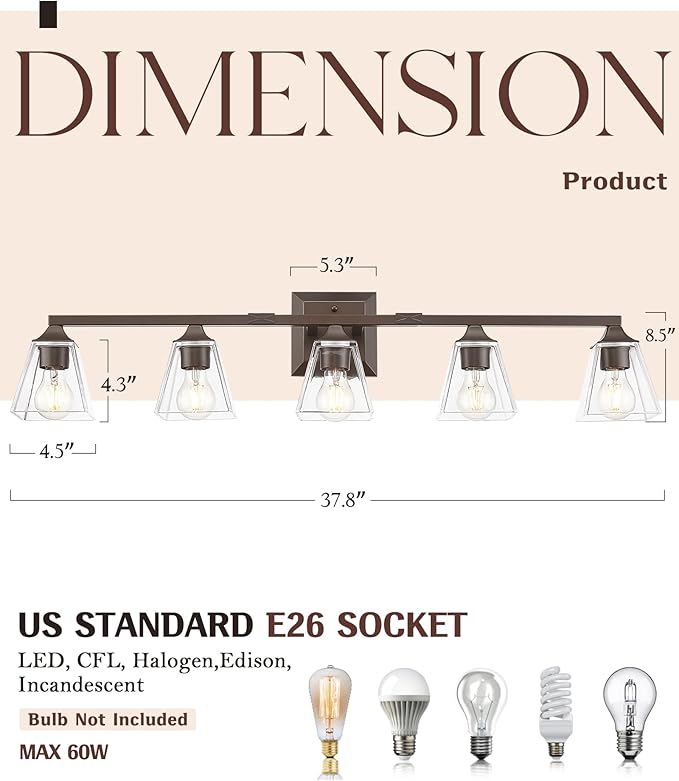 Bronze Bathroom Light Fixtures, HWH 5-Light Farmhouse Bathroom Lighting Fixture Over Mirror, Vanity Wall Sconce Oil-Rubbed Bronze with Square Glass Shade, 5HY68B-5W ORB