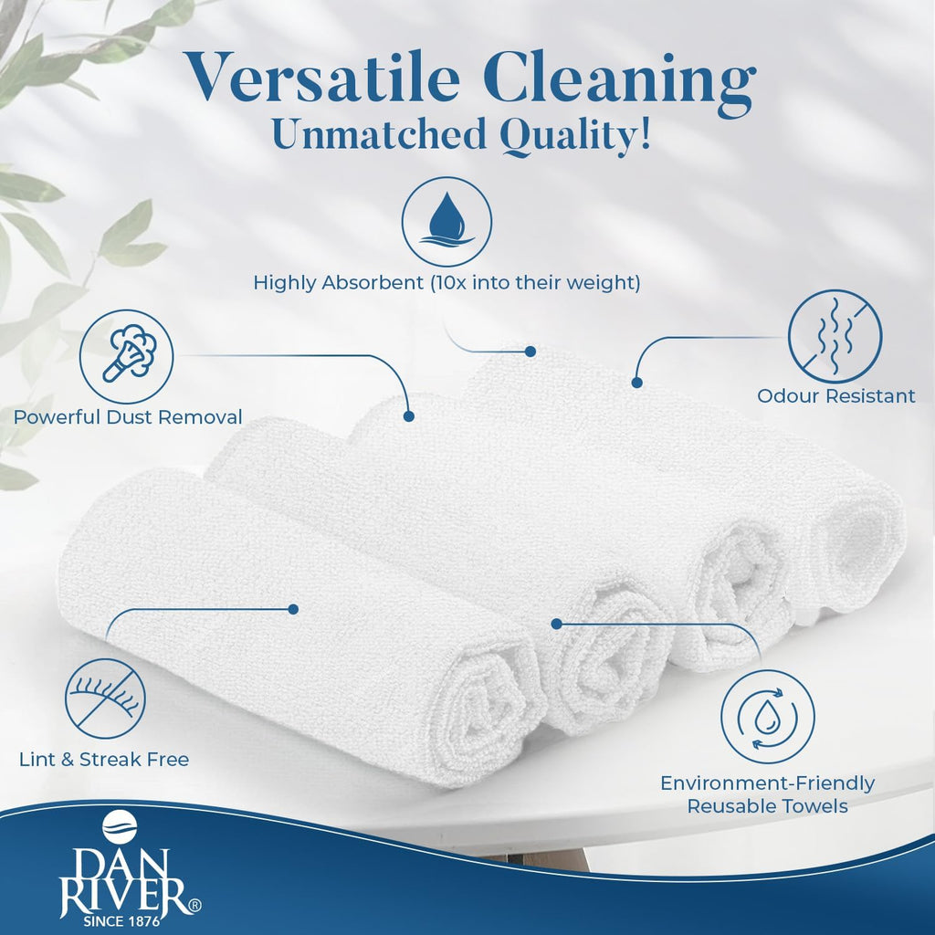 DAN RIVER 24-Pack White Microfiber Towels – Ultra Absorbent, Lint Free Towels & Streak-Free for Home, Car & Kitchen - Must-Have Cleaning Essentials - 12" x 12"
