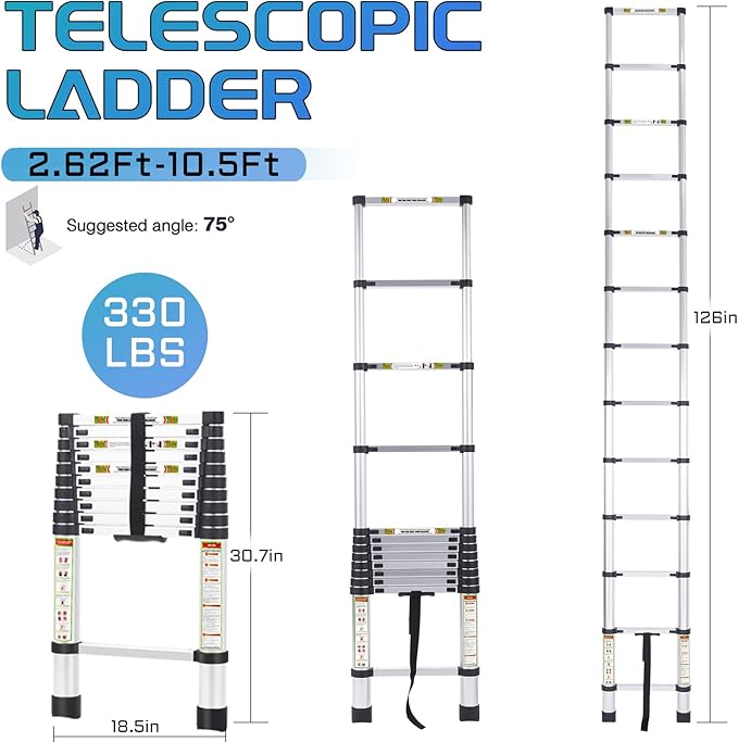 RIKADE Telescoping Ladder 10.5FT & Attic Ladder, Heavy Duty Aluminum with Non-Slip Feet, 330lb Capacity for RV, Attic, Roof & Multi-Surface Use