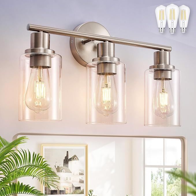 DLLT 3-Light Bathroom Light Fixtures: Nickel Modern Vanity Lights with E26 Bulbs - Clear Glass Shade Bathroom Wall Lamp for Mirror Kitchen Living Room Hallway Cabinet Porch
