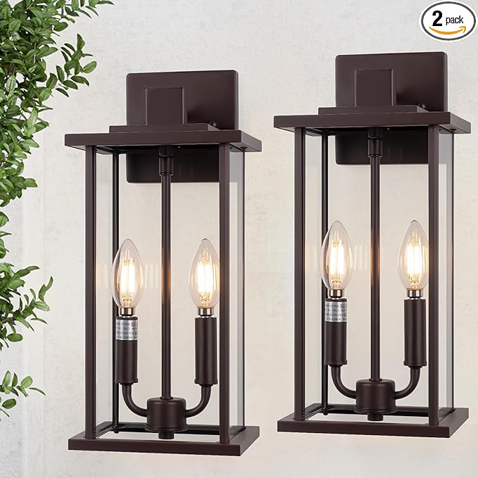 2-Pack 16" Large Outdoor Wall Light Fixtures, 2-Light Exterior Front Porch Light, Brushed Outdoor Sconce Lights, Waterproof Farmhouse Lamp Lighting (Bronze, 16in No Sensor)