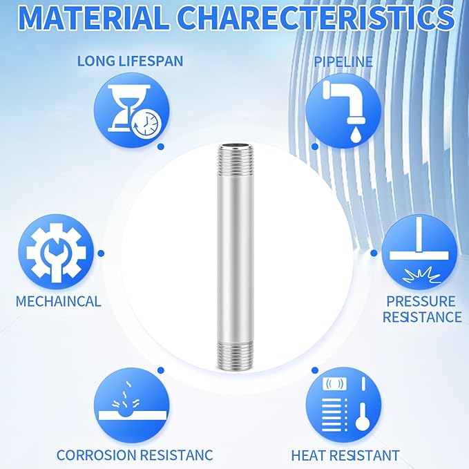 ChillWaves 304 Stainless Steel Pipe Fitting, Nipple Cast Pipe 3/4" NPT Male x 3/4" NPT Male Thread 8" Length(200MM)(2-PACK)