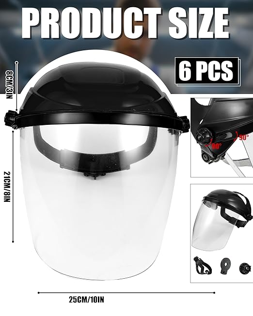 6 Pack Safety Face Shield for Grinding and Cutting, Full Impact Resistant Face Shield Mask for Work Chemical Woodworking (Black)