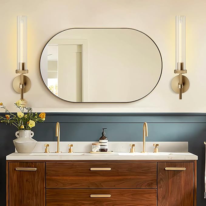 Brass Wall Sconces Set of Two 19.48'' Knurled Texture Indoor Wall Light Fixtures, Bathroom Vanity Light Fixtures with Clear Glass, Modern Wall Lamp for Living Room Hallway (Bulb Included)