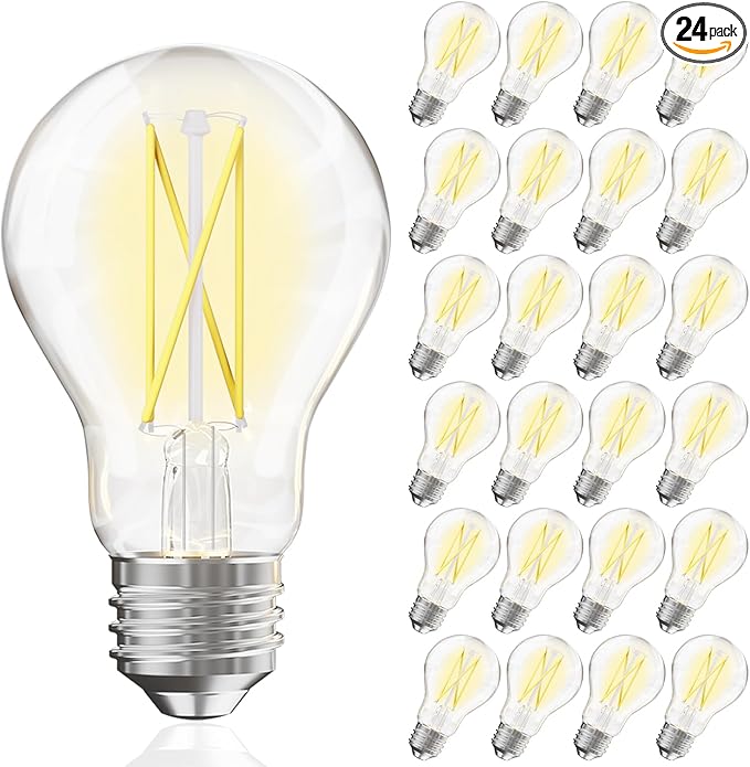 VOLIVO 24 Pack A19 Vintage LED Edison Bulbs, Dimmable, 60W Equivalent, High Brightness 5000K Daylight, Ultra-Bright, 7W E26 Standard Base, CRI80+, 800Lumens, Clear Glass Filament Bulb for Home