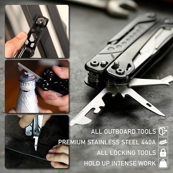 Multitool, 20-in-1 Stainless Steel Multi Tools Pliers with Nylon Sheath, Safe Locking, Professional Multi-Tool for Survival, Camping and Hunting, Black