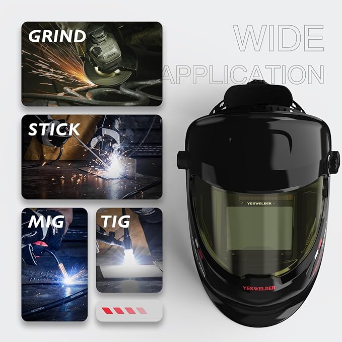 YESWELDER Auto Darkening Welding Helmet with SIDE VIEW, 180° Panoramic View, 1/1/1/1 True Color Solar Powered Welder Hood, Wide Shade 3/5-9/9-13 Welder Mask for TIG MIG ARC CUT and GRIND, LYG-Q800D