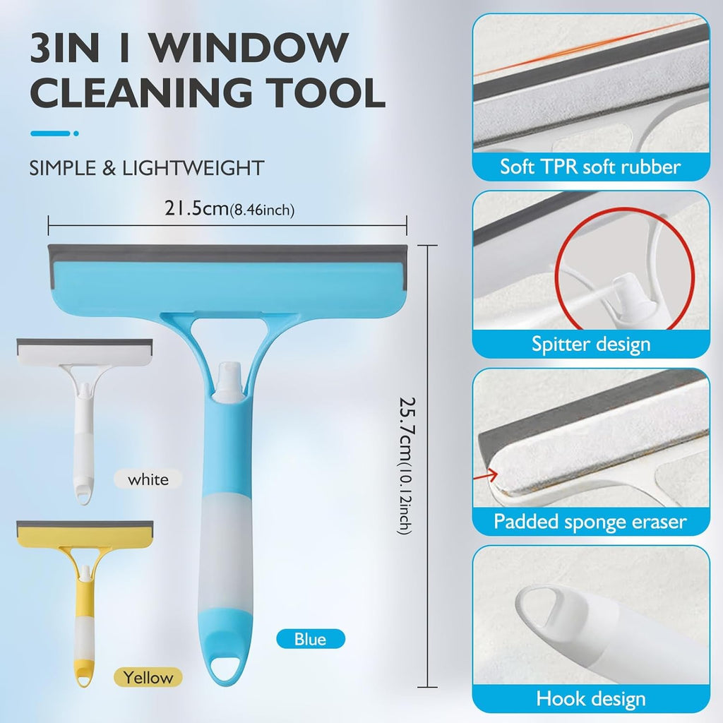 3 in 1 Spray Window Squeegee Cleaner Scraper, WindowSqueegee with Brush and Built-in Spray BottleAll-Purpose Shower Glass, Mirrors, Car, Home Window Cleaner Tool (Blue)
