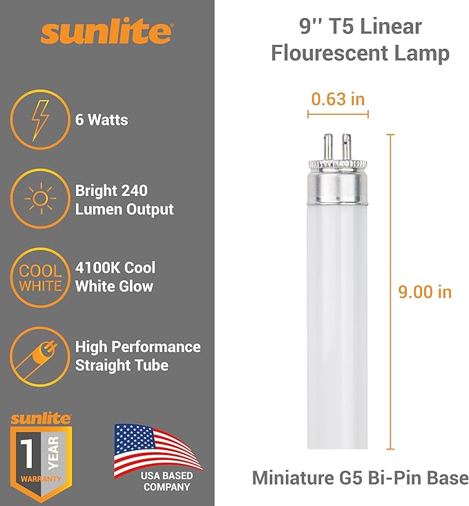Sunlite 9-Inch F6T5/CW T5 Linear Fluorescent Lamp, 6 Watts, 240 Lumens, 4100K Cool White, Miniature G5 Bi-Pin Base, ROHS Compliant, High Performance Straight Tube, 10 Pack