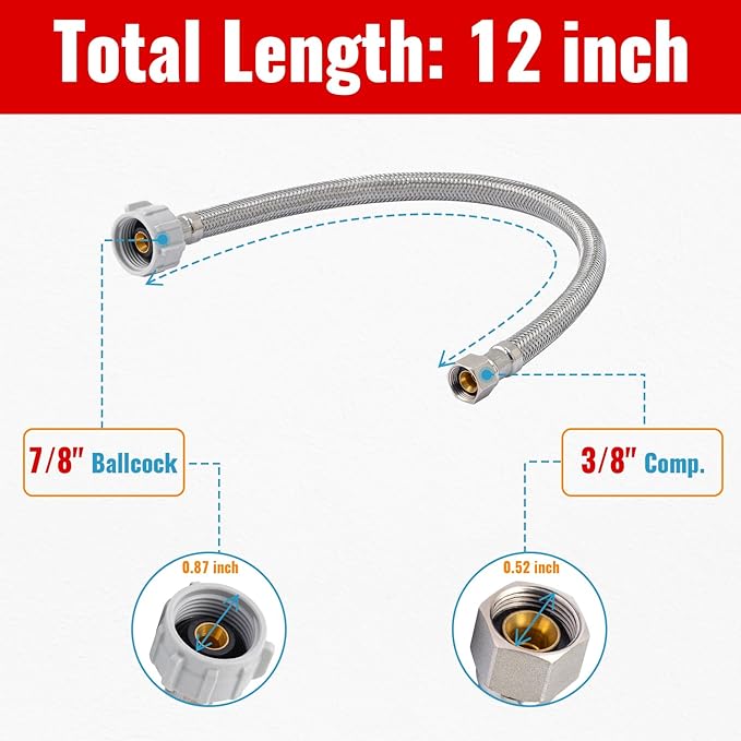 SUNGATOR 12'' Toilet Water Supply Line, 7/8" Ballcock x 3/8" Compression Toilet Hose Connector, 12 Inch Braided Stainless Steel Water Supply Line with 1 Wrench and Sealing Tape (2 Pack)