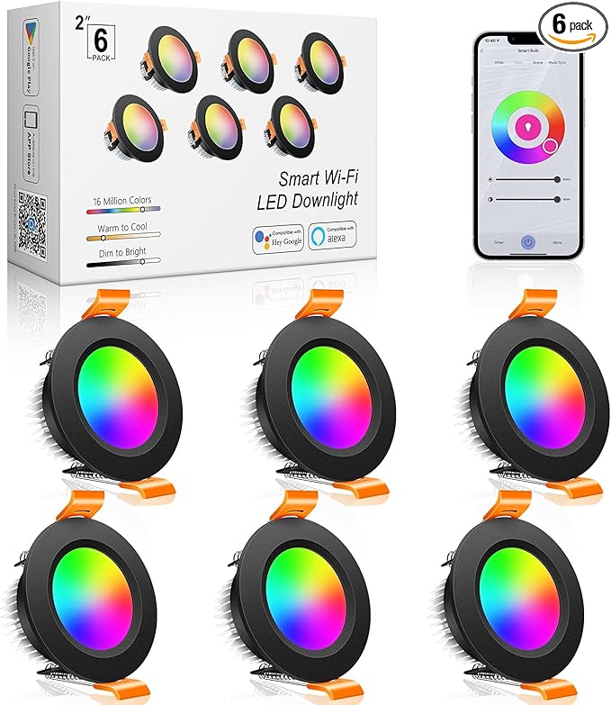 inShareplus 2 Inch Smart Recessed Lighting, 6 Pack WiFi Black LED Downlight 5W 120V, Dimmable RGBCW 2700-6500K Color Changing, Compatible with Alexa/Google, Ceiling Lights with LED Driver