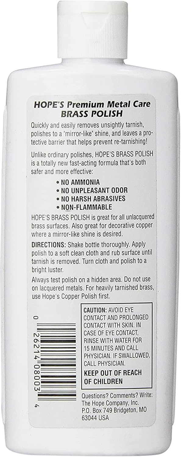 HOPE'S Brass Polish and Cleaner, Prevents Tarnish, Safe for Brass, Copper, Chrome, and Sterling Silver, Metal Polish for Cymbals, Trombone, Trumpet, and Other Instruments, 8 oz, Pack of 2