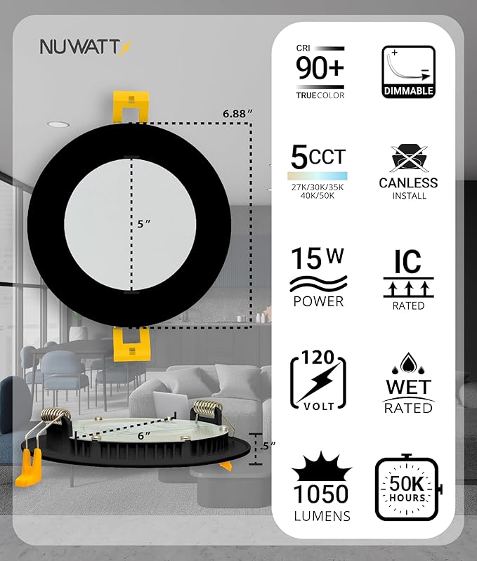 NUWATT 6 Pack, 6 Inch Ultra Thin Black LED Recessed Lighting, 5CCT 2700K/3000K/3500K/4000K/5000K Selectable, High Brightness 1050 Lumens, Dimmable Canless Slim Wafer Light, IC Rated, Metal J-Box, ETL