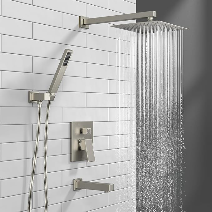 Lava Odoro Modern 3-Setting Square Shower and Tub Faucet Set with Shower Head and Handheld Sprayer Brushed Nickel, Rainfall Shower System with Tub Spout, Shower Valve Trim Kit, SF103-BN-T