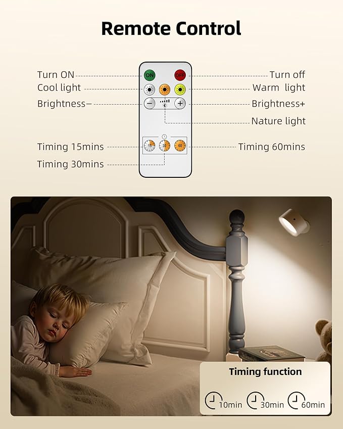 LED Wall Mounted Lights, Rechargeable Wall Sconces with Remote & Touch Control, 3 Color Temperatures 360° Rotation Dimmable Cordless Wall Light for Bedroom Study Reading Bedside (White, 3 Pack)