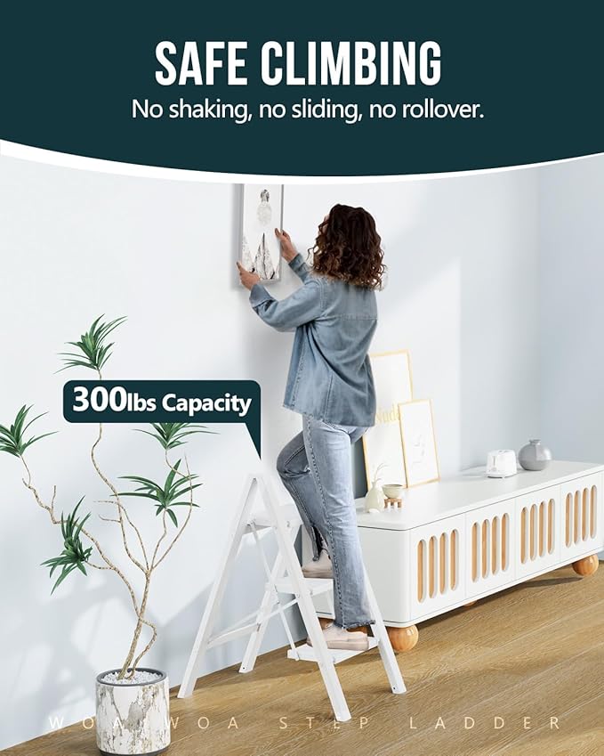 WOA WOA Step Ladder, Widen Pedals Folding Step Stool with Anti-Slip Foot, Portable Lightweight Aluminum Ladder, Household Stepladder for Kitchen, Fold Thin & Space Save, 300 lbs Load (3 Step, White)