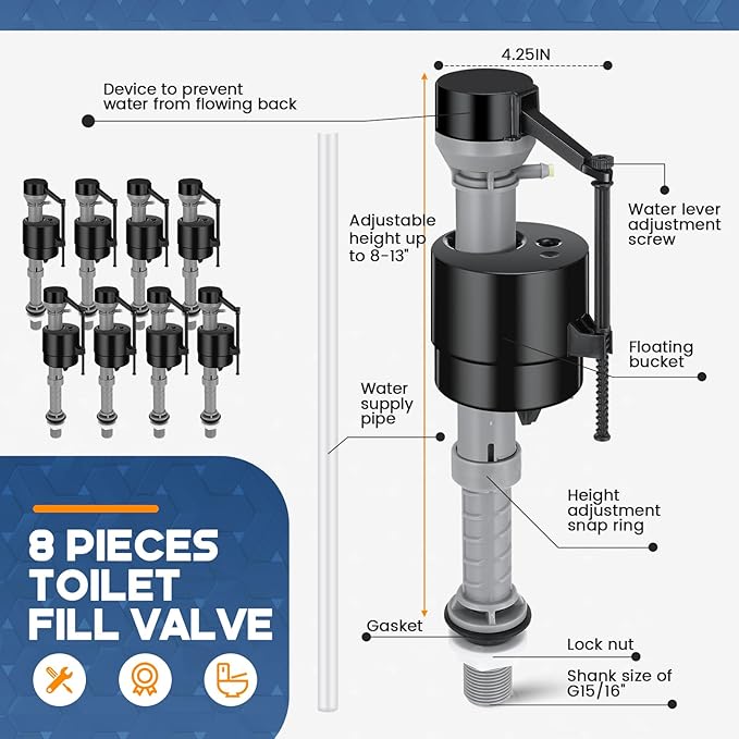 Lasnten 8 Pieces Toilet Fill Valve Toilet Tank Replacement Kit Valve Replacement Kit for Tank and Bowl Water Control