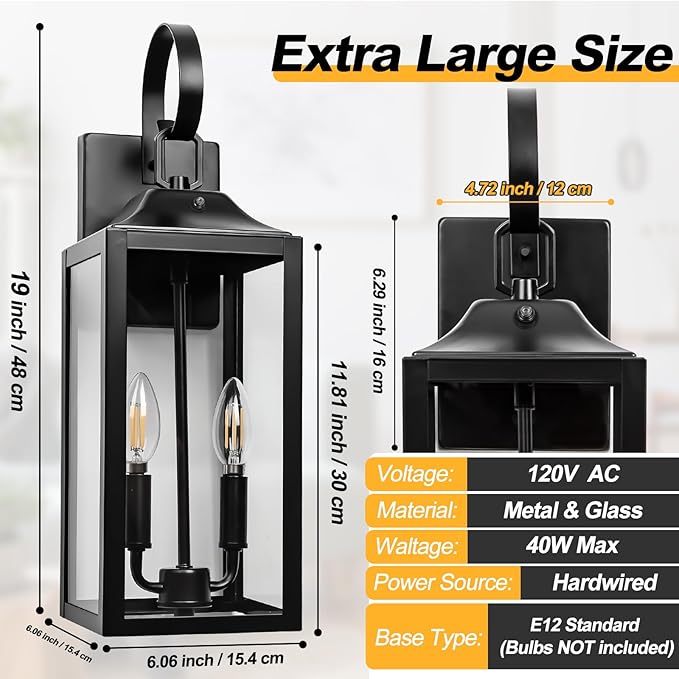 Black Dusk to Dawn Outdoor Wall Lantern 2-Light, 19" Large Outside Modern Porch Sconce Light Fixture, Industrial Porch Light Wall Mount with Glass, Waterproof Farmhouse Exterior Lamp Lighting