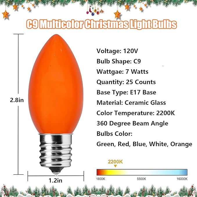 C9 Multicolor Christmas Light Bulbs, 25 Pack C9 Ceramic Color Replacement Bulbs Vintage Incandescent Light Bulbs for Christmas String Lights Outdoor Holiday Decor, E17/C9 Intermediate Base, 7 Watts