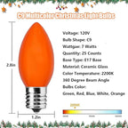 C9 Multicolor Christmas Light Bulbs, 25 Pack C9 Ceramic Color Replacement Bulbs Vintage Incandescent Light Bulbs for Christmas String Lights Outdoor Holiday Decor, E17/C9 Intermediate Base, 7 Watts