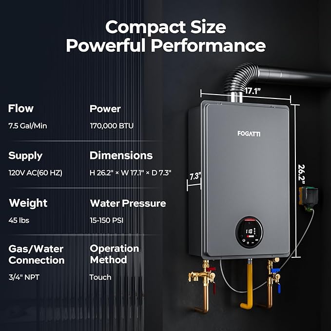 FOGATTI Natural Gas Tankless Water Heater Indoor - Max 7.5 GPM 170,000 BTU, CSA Certified Compact Design On Demand Instant Hot Water Heater - Instagas Comfort 170S Series
