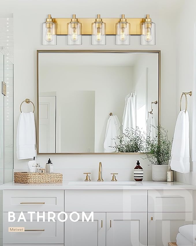 5-Light Bathroom Light Fixtures, 30 Inch Brushed Gold Vanity Light with Cylinder Clear Glass Shade, Modern Vanity Lighting Fixtures Over Mirror, VL143-BG-5