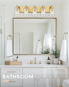 5-Light Bathroom Light Fixtures, 30 Inch Brushed Gold Vanity Light with Cylinder Clear Glass Shade, Modern Vanity Lighting Fixtures Over Mirror, VL143-BG-5