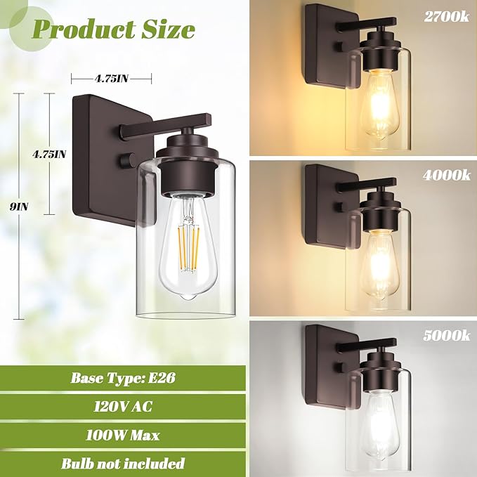 VerRon Set of 2 Wall Sconces for Bathroom, Modern Vanity Light Fixtures, Oil Rubbed Bronze Mount Lighting Lanterns, Farmhouse Wall Lights with Clear Glass Shade for Bedroom Living Room Mirror Hallway