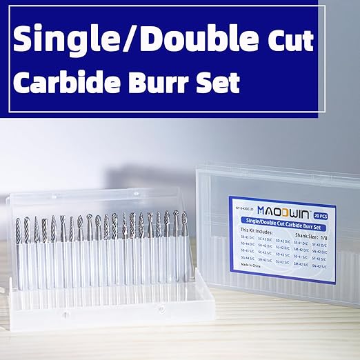 20PCS Carbide Rotary File Set 1/8" Shank Professional Carbide Burr Bits Kit for Precision Metal/Wood Carving, CNC Deburring & Jewelry Making