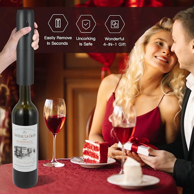 Electric Wine Bottle Opener Set with Charging Base- Black, Automatic Wine Bottle Opener with Led Light, Rechargeable Corkscrew Kit with Aerator，Foil Cutter，Stoppers