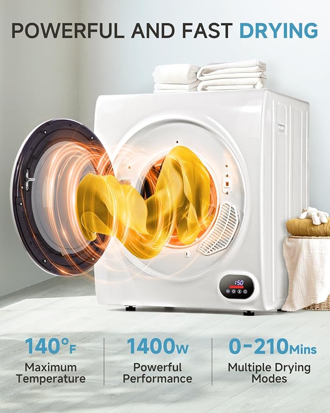 3.5 Cu.Ft Portable Clothes Dryer - 1500W Clothes Dryer with Stainless Steel Tub, Front Load Tumble, LCD Touch Panel - Compact Drying Unit for Laundry, Apartments, Dorms