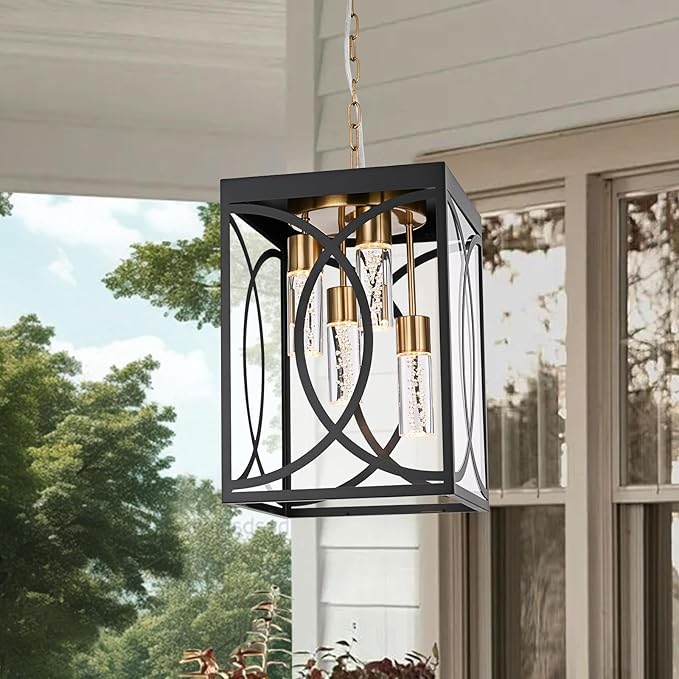 4-Lights Large 5CCT LED Outdoor Pendant Light Fixture, Porch Hanging Lighting Build-in LED Chips, Modern Exterior Lantern Chandelier Ceiling Mount for Patio Front Door