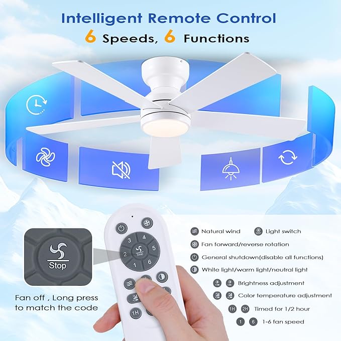 46" Flush Mount Ceiling Fan with Lights - White Modern Fan Light with Reversible Mute Motor, 3CCT Dimmable, Wind Speeds Adjustable, Low Profile Light Fixure for Indoor Use, Bedroom