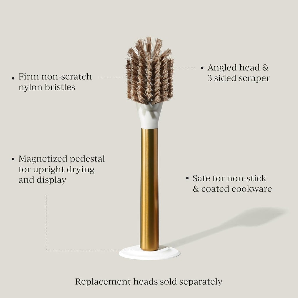 Ionic Dish Brush, Magnetized to Stand Upright, Stainless Steel with Replaceable Head, Brass/Gold